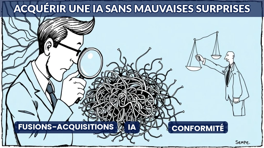 Illustration d'une balance juridique et d'un réseau neuronal entrelacés.