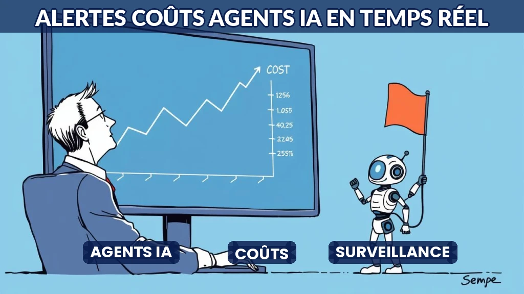 Illustration d'un tableau de bord affichant des alertes de coûts pour agents IA.