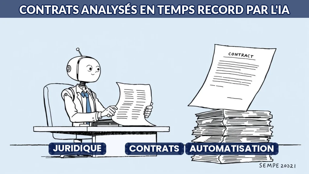 Illustration d'un contrat analysé par une intelligence artificielle avec des annotations colorées.