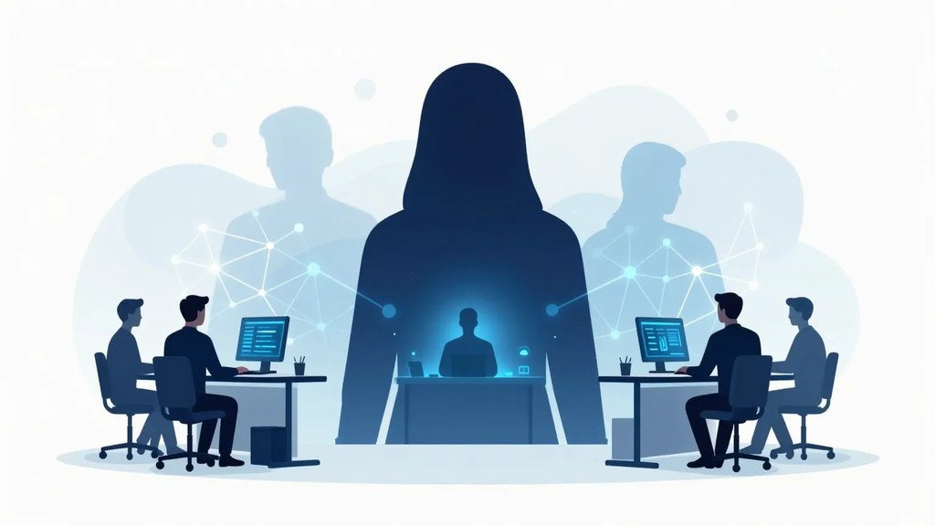 Silhouette d'IA clandestine planant derrière des collaborateurs utilisant des outils d'IA non encadrés en entreprise