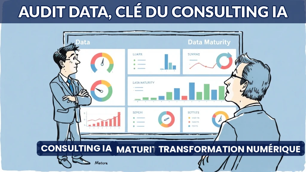 Illustration d'un consultant analysant un tableau de bord de maturité data avec des indicateurs colorés.