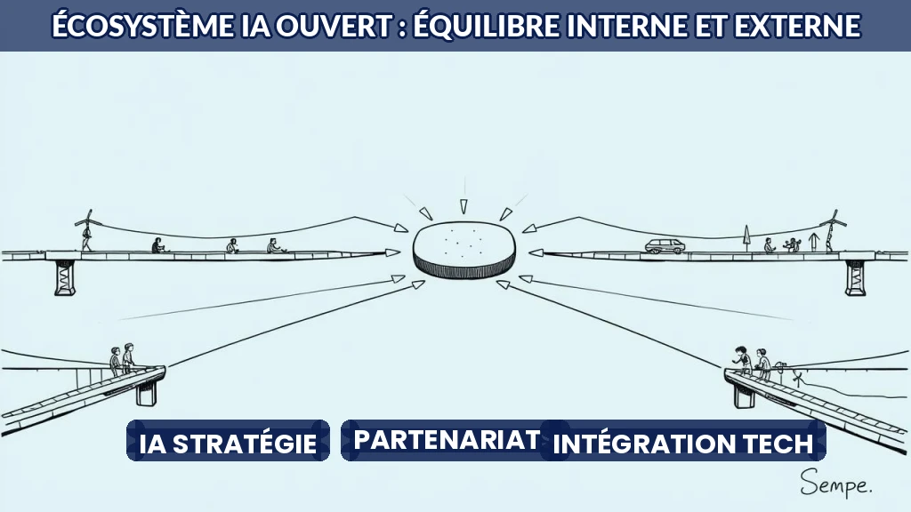 Illustration d'un réseau d'entreprises et de partenaires connectés autour d'une plateforme IA centrale.
