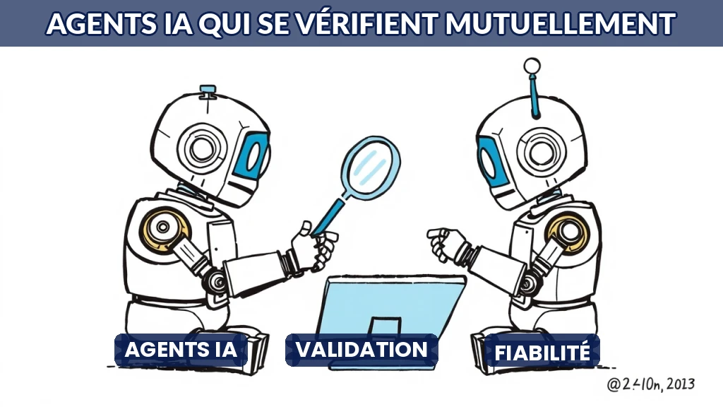Deux robots se vérifiant mutuellement devant un écran de données.