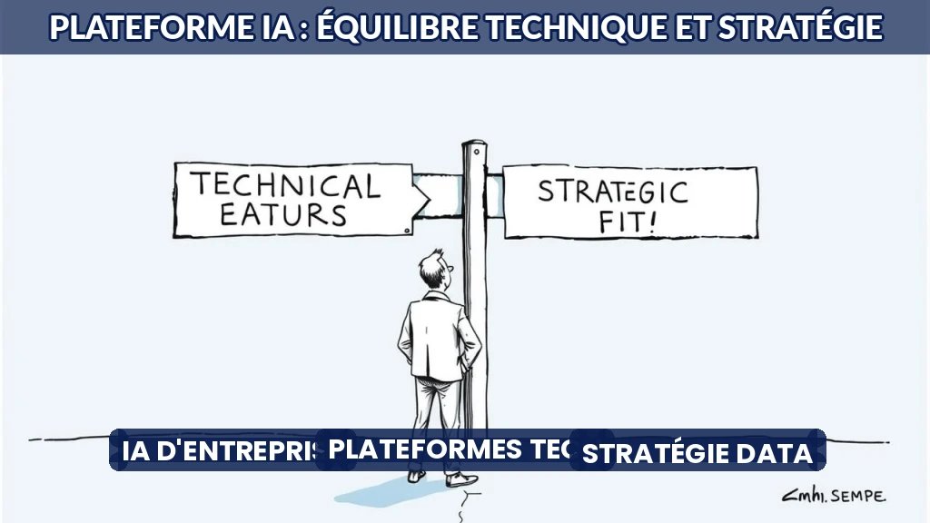Illustration d'une balance équilibrant des engrenages technologiques et des documents stratégiques.