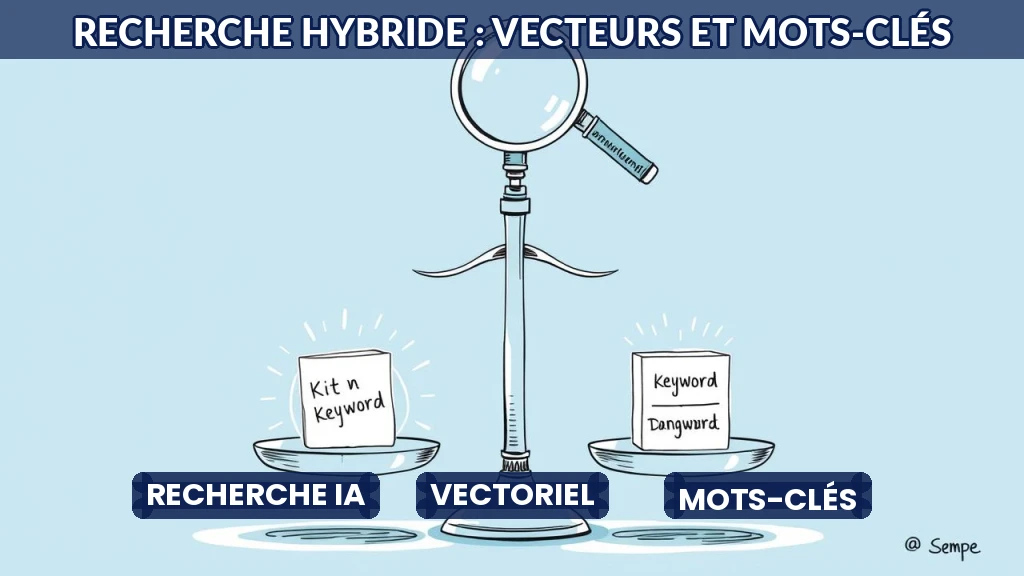 Illustration d'une balance équilibrant des vecteurs et des mots-clés.