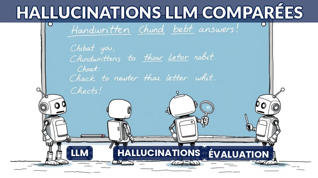 Illustration de cinq robots comparant des réponses sur un tableau, style dessin éditorial.