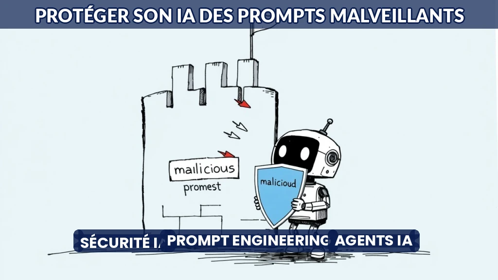Illustration d'un bouclier protégeant un système d'IA contre des flèches étiquetées prompt malveillant.
