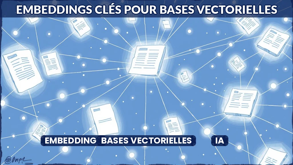 Illustration de vecteurs numériques reliant des données textuelles dans un espace multidimensionnel.