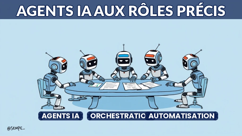 Illustration de plusieurs agents IA collaborant avec des rôles distincts.