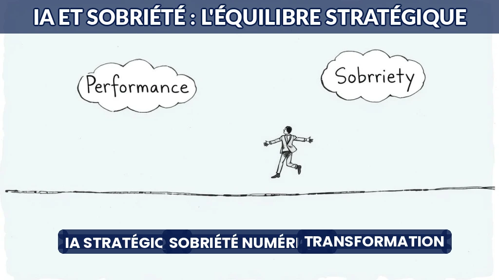 Illustration d'un équilibriste sur un fil entre deux nuages, symbolisant l'équilibre entre performance IA et sobriété numérique.
