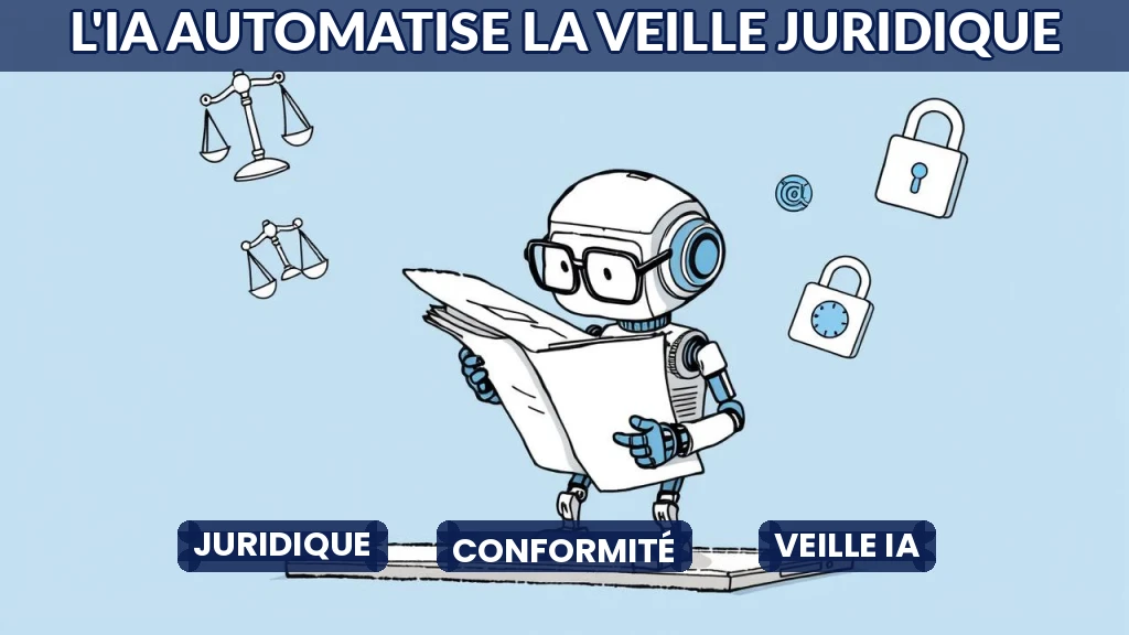 Illustration d'un robot analysant des textes juridiques sur un écran transparent.