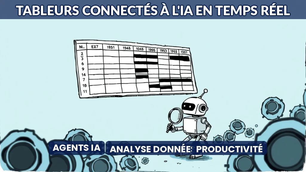 Illustration d'un tableur connecté à un cerveau numérique pour analyse automatisée.