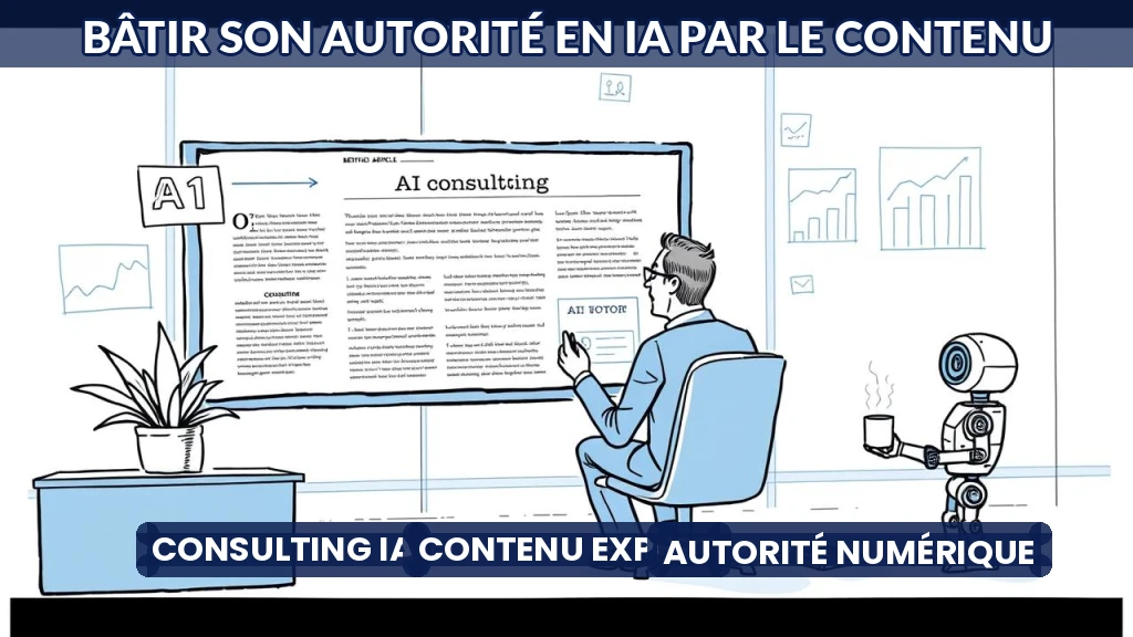 Illustration d'un consultant IA écrivant un article expert devant un écran d'analyses.