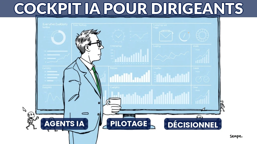 Tableau de bord numérique avec indicateurs et agents IA en interaction.