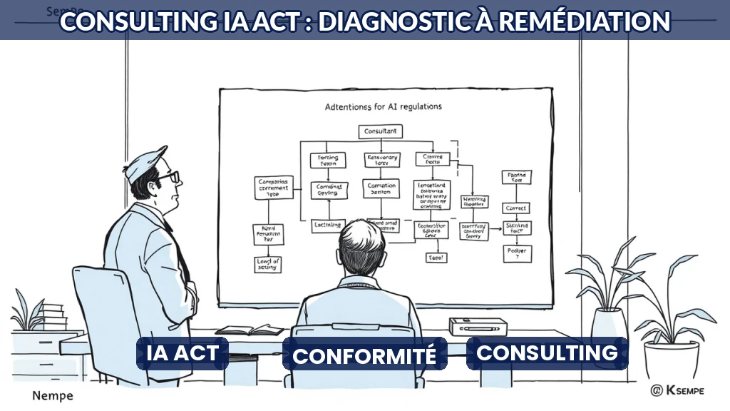 Consultant analysant un schéma de conformité IA Act sur un écran transparent.