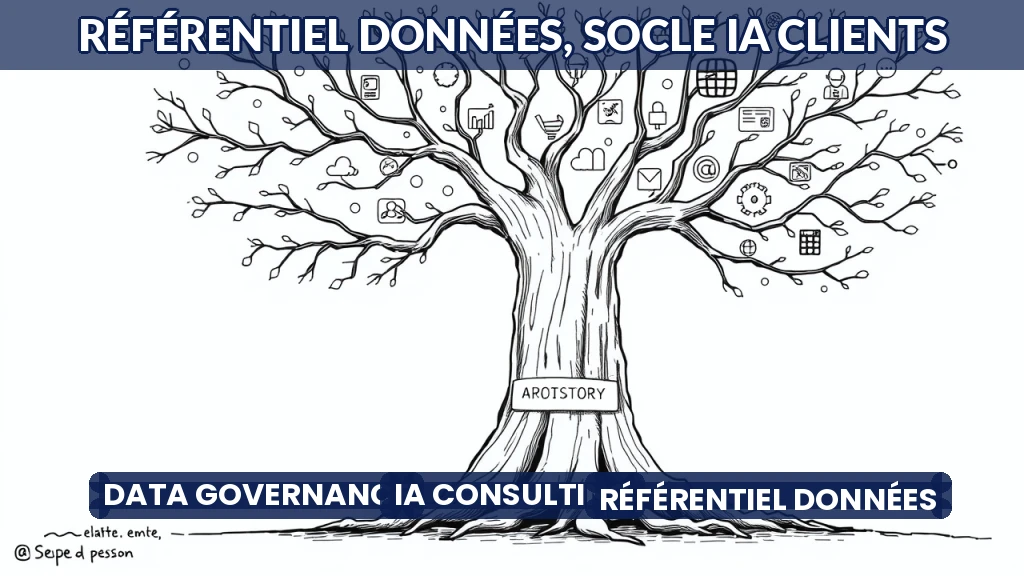 Illustration d'un arbre dont les racines représentent un référentiel de données structuré, alimentant des applications IA.