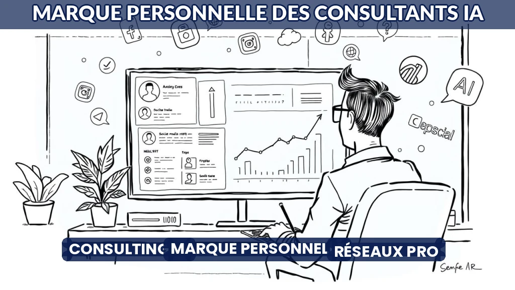 Consultant réfléchissant devant un écran affichant des réseaux sociaux et des graphiques de croissance.