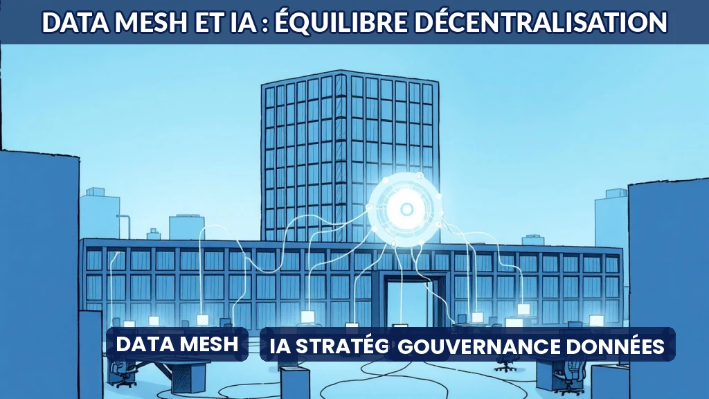 Illustration d'un réseau de données décentralisées reliées par des fils, style dessin éditorial.