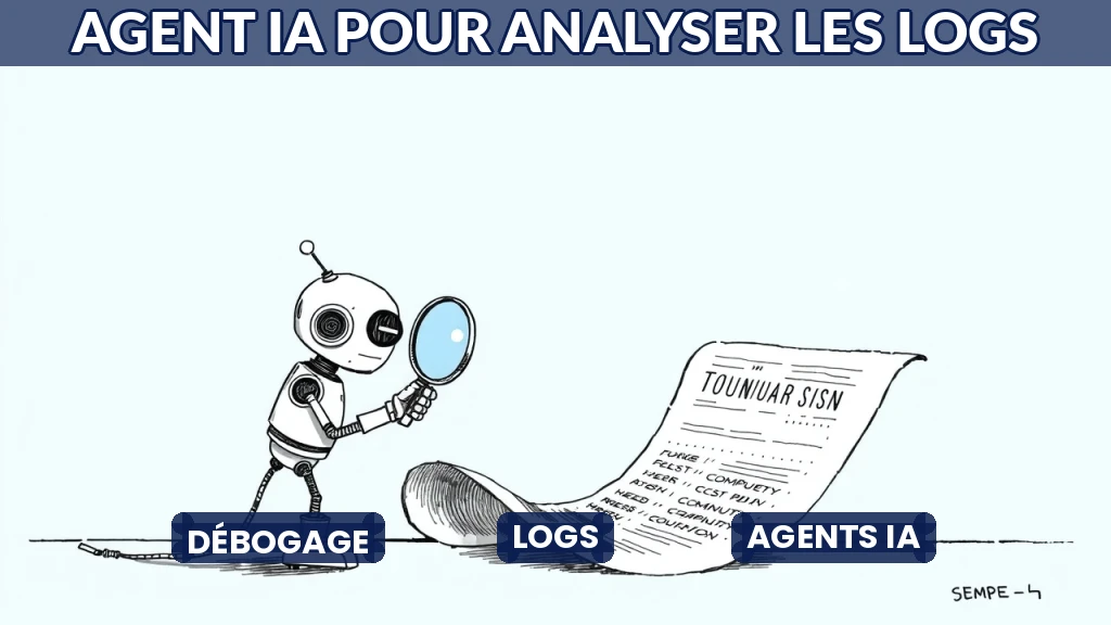 Illustration d'un agent IA analysant des logs d'erreur sur un écran d'ordinateur.