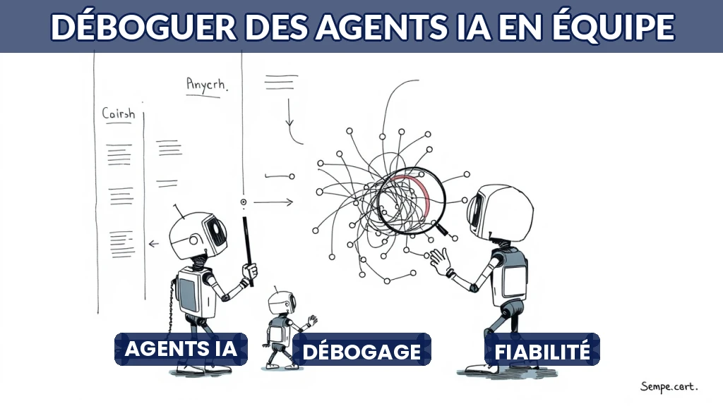 Illustration de plusieurs agents IA travaillant ensemble avec un bug visible.