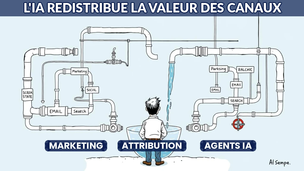 Illustration de canaux marketing interconnectés par des flux de données.