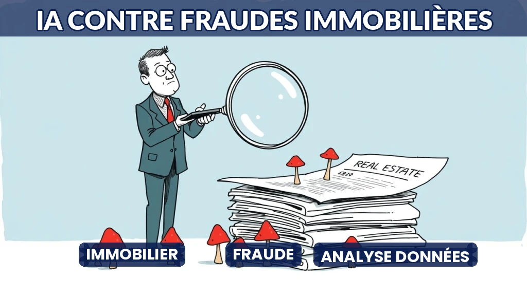 Illustration d'une loupe analysant des documents immobiliers avec des alertes colorées.