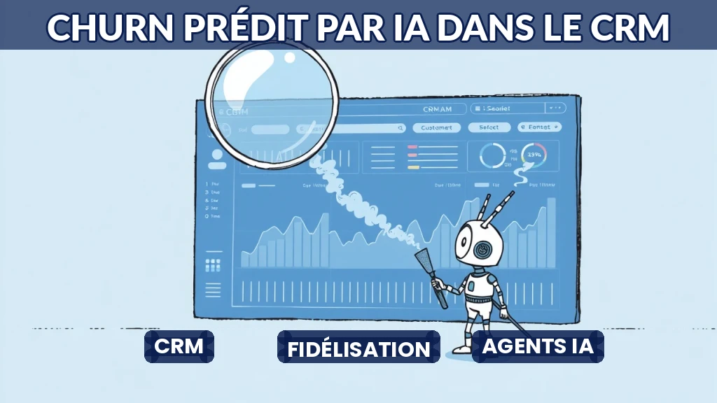 Illustration d'un CRM analysant des données clients avec une loupe pour détecter le churn.