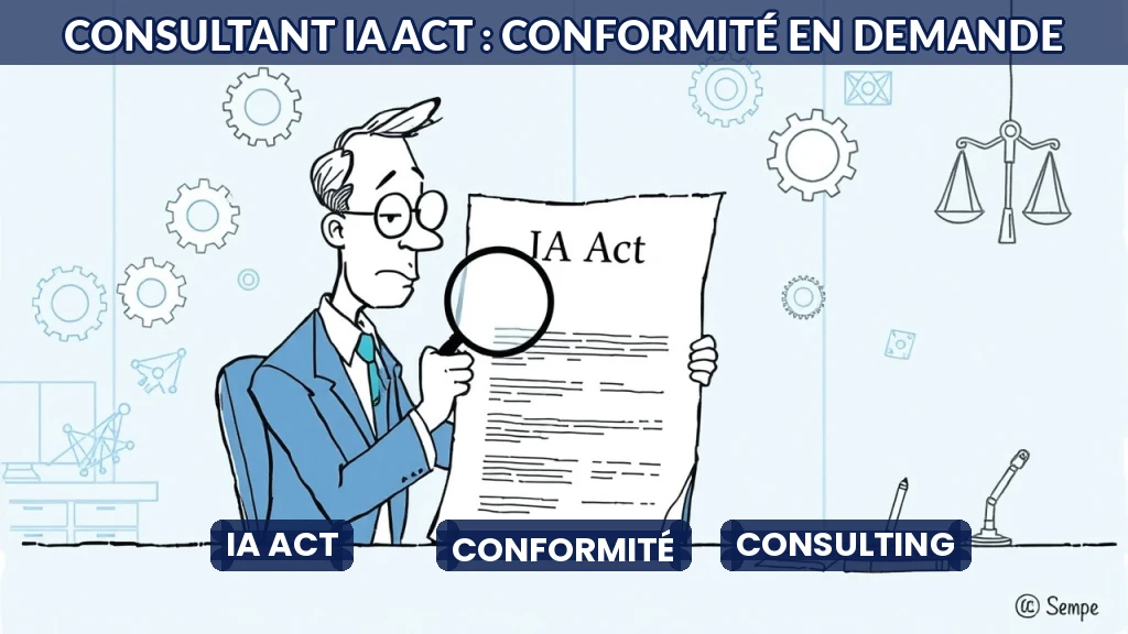 Illustration d'un consultant analysant un document juridique lié à l'IA.