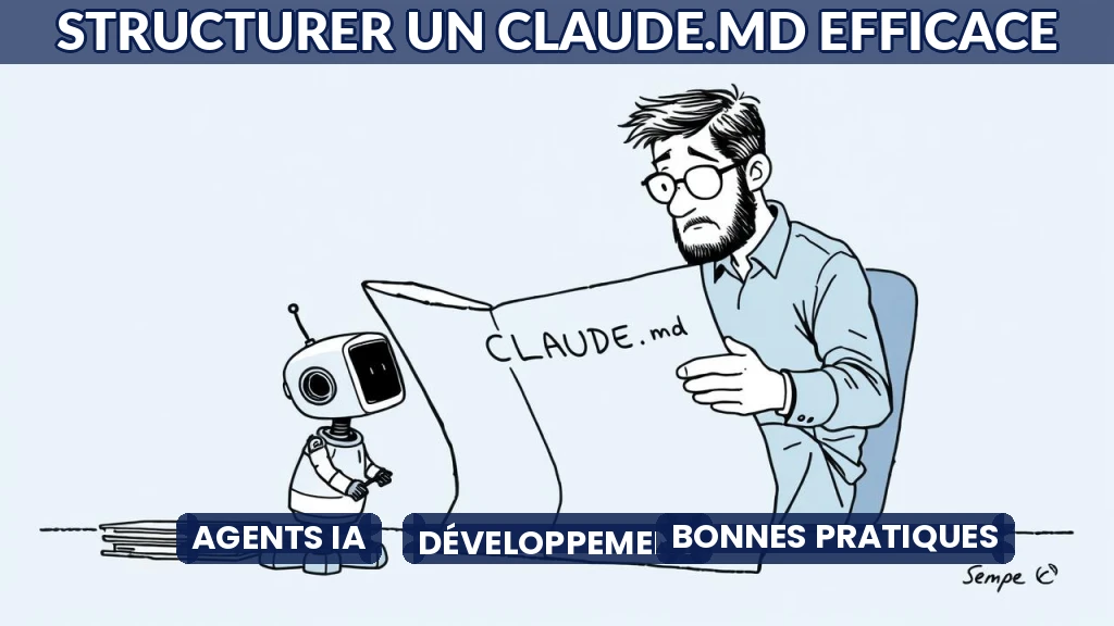 Illustration d'un fichier CLAUDE.md bien structuré pour guider un agent IA