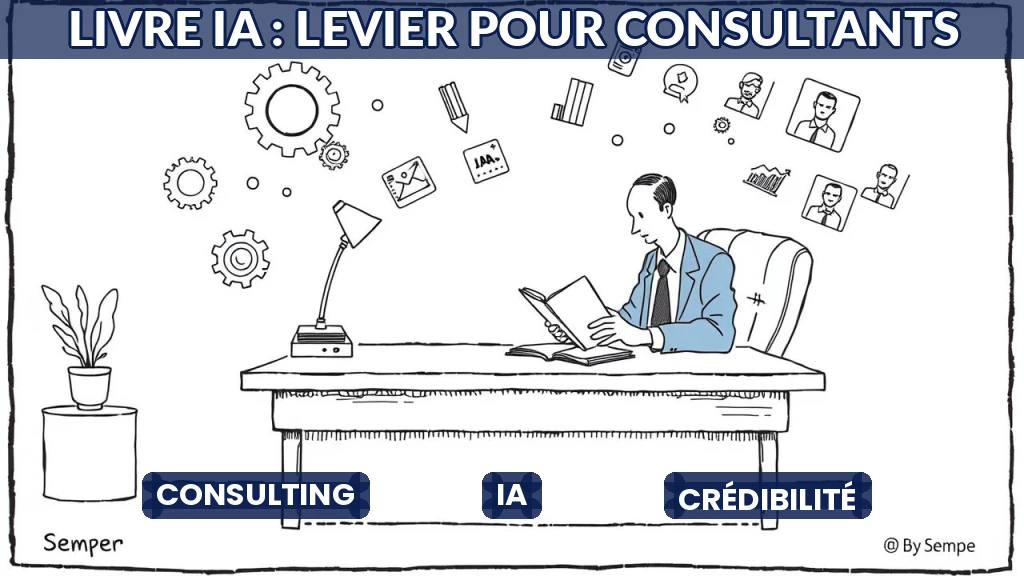 Consultant écrivant un livre sur l'IA, entouré de symboles technologiques.
