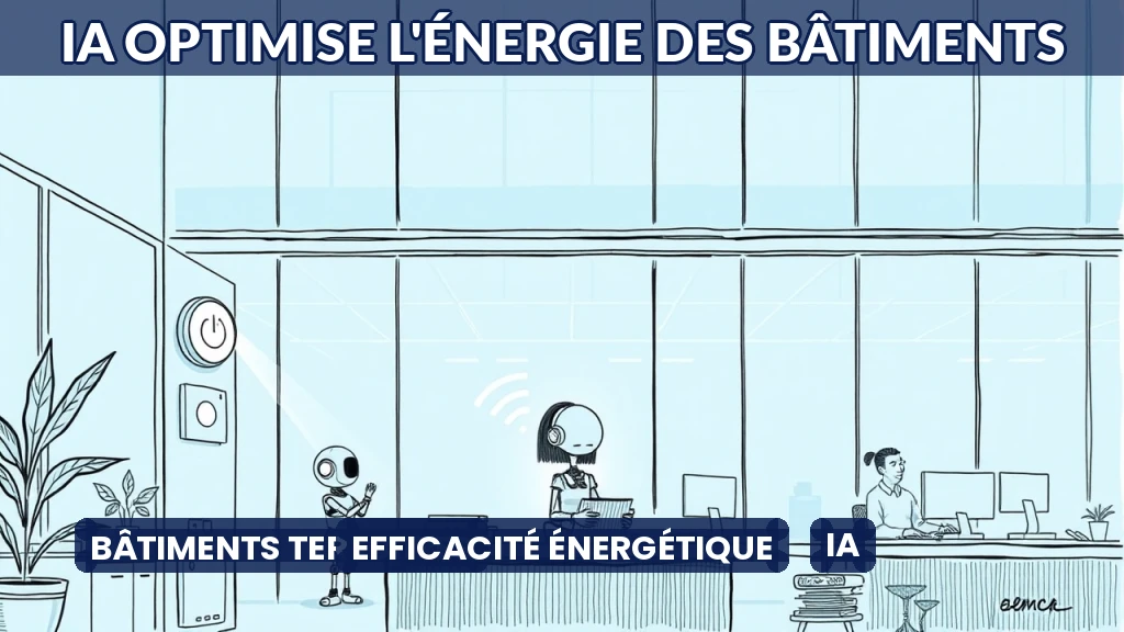 Bâtiment tertiaire moderne avec systèmes énergétiques intelligents contrôlés par IA.