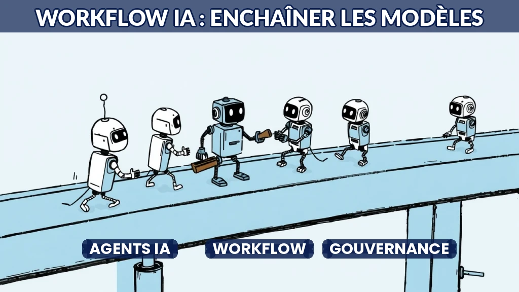 Illustration d'un engrenage reliant plusieurs modèles d'IA dans un flux de travail.