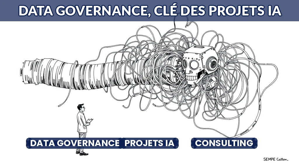 Illustration d'un consultant analysant des données désorganisées devant un écran d'IA en panne.