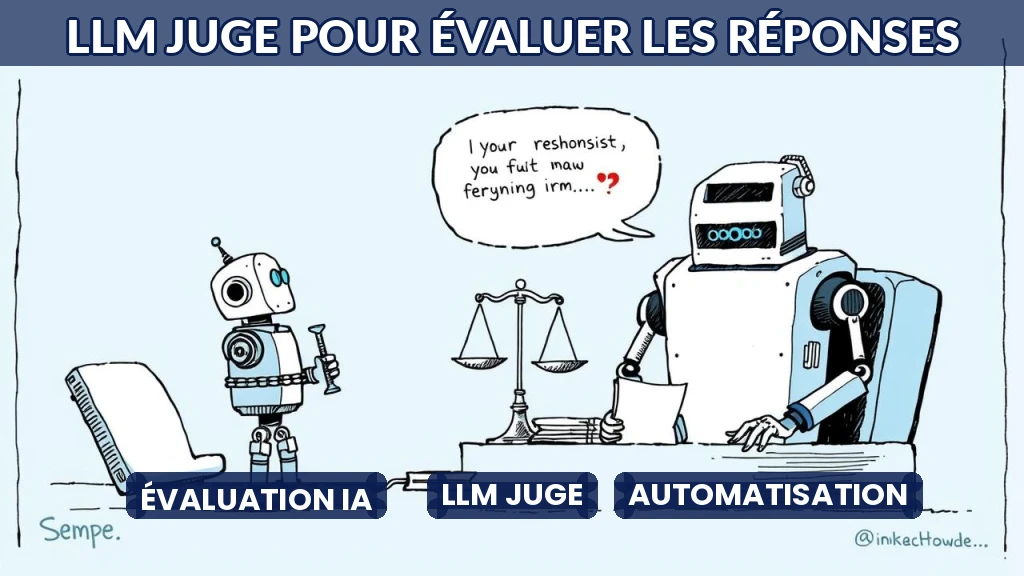 Illustration d'un robot juge évaluant des réponses d'IA sur une balance de précision.