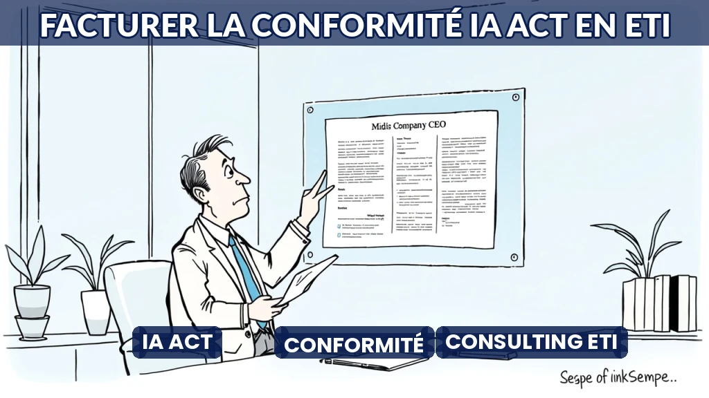 Consultant expliquant la conformité IA Act à un dirigeant d'ETI sur un écran transparent.