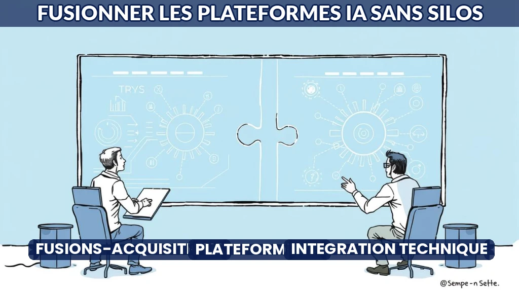 Deux équipes techniques fusionnent des plateformes IA sur un écran géant.