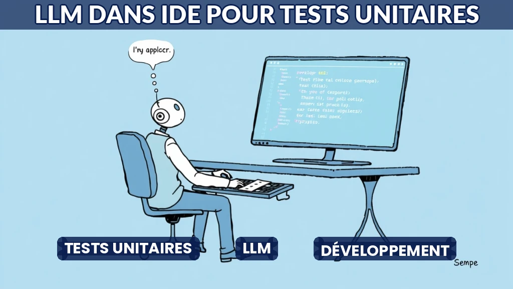 Illustration d'un développeur utilisant un assistant IA dans son IDE pour générer des tests.