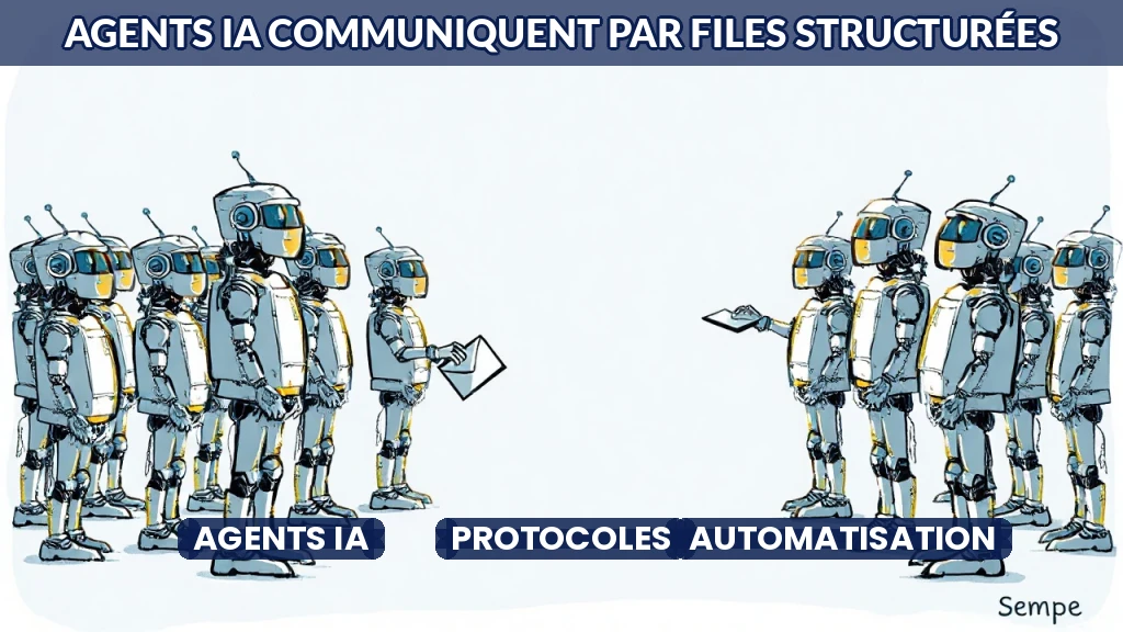 Illustration de files de messages reliant plusieurs agents IA dans un système organisé.