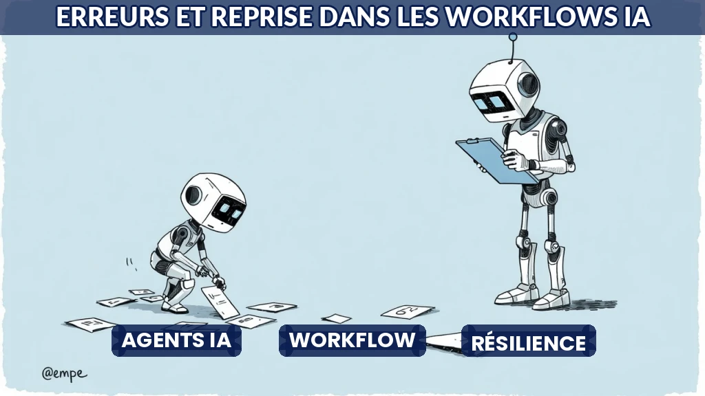 Illustration d'un agent IA reprenant une tâche après une erreur dans un workflow.
