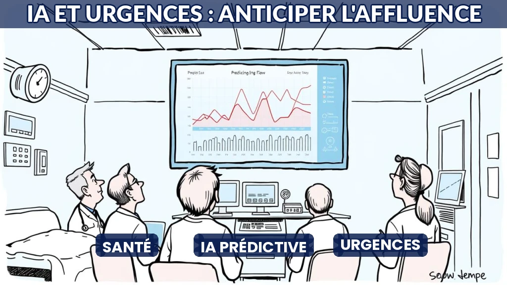 Illustration d'un hôpital avec des flux de patients analysés par intelligence artificielle.