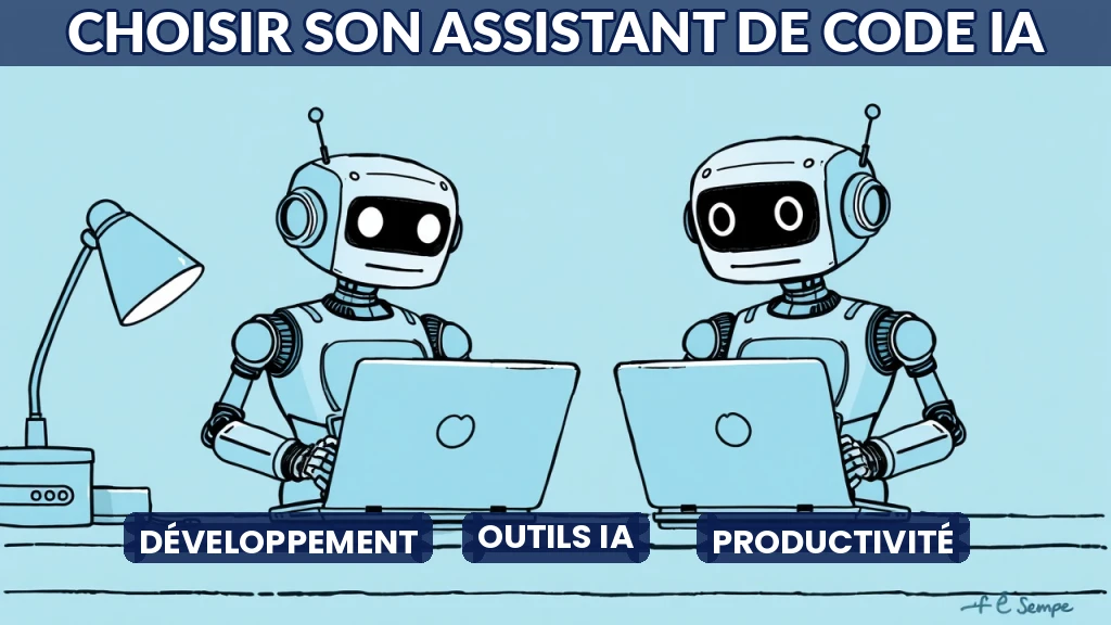Deux robots écrivent du code côte à côte, l'un avec un logo GitHub, l'autre avec un curseur stylisé.