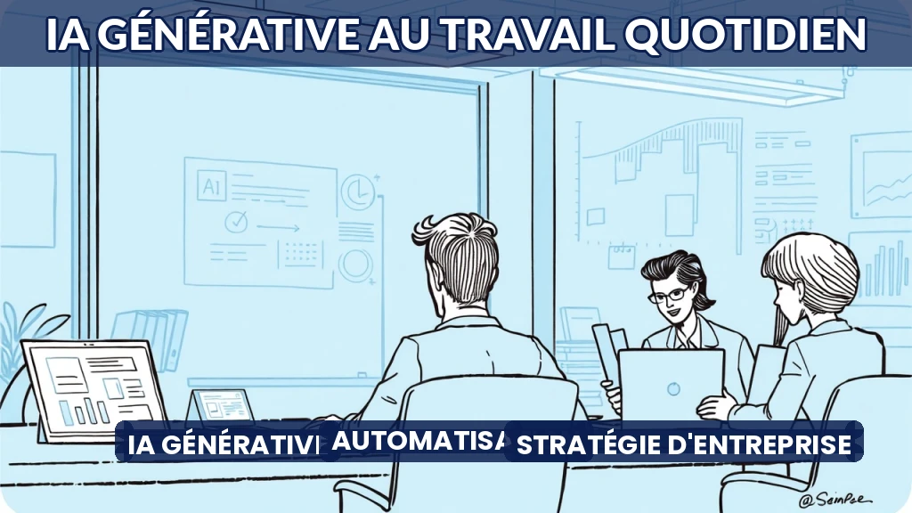 Illustration d'une équipe utilisant l'IA générative pour créer du contenu en entreprise.