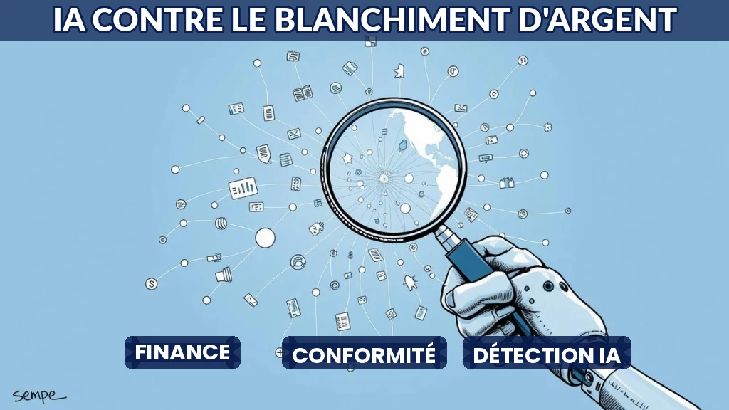Illustration d'un réseau de transactions financières analysé par intelligence artificielle.
