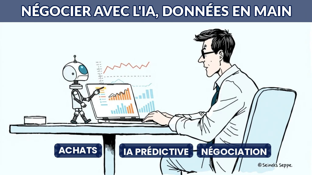 Illustration d'un négociateur analysant des graphiques prédictifs sur écran, entouré de données fournisseurs.