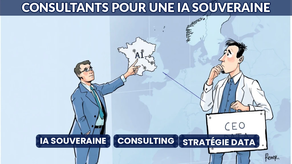 Consultant discutant stratégie IA souveraine avec un dirigeant d'entreprise