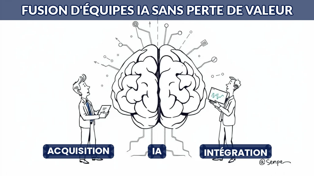 Deux équipes fusionnant autour d'un cerveau numérique stylisé, symbolisant l'intégration des talents IA.