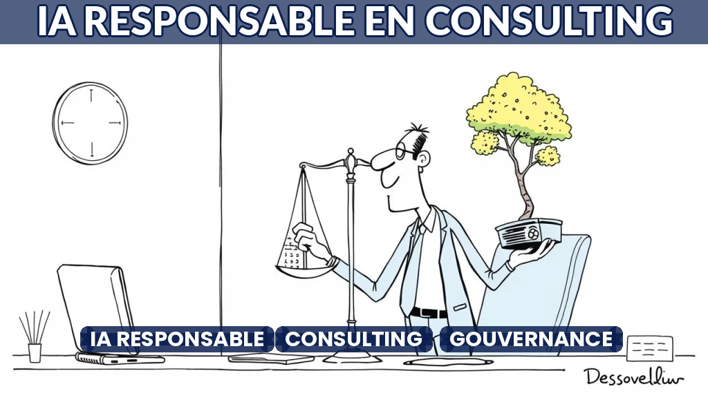 Illustration d'un consultant analysant des données avec une balance symbolisant l'éthique et la responsabilité.