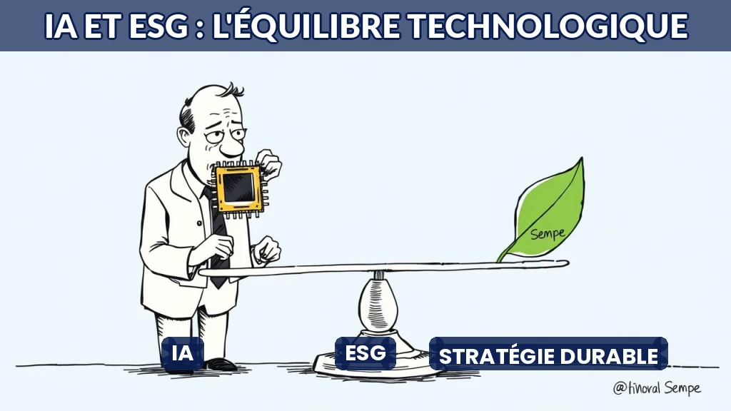 Illustration d'un équilibre entre technologie et durabilité, style dessin éditorial.