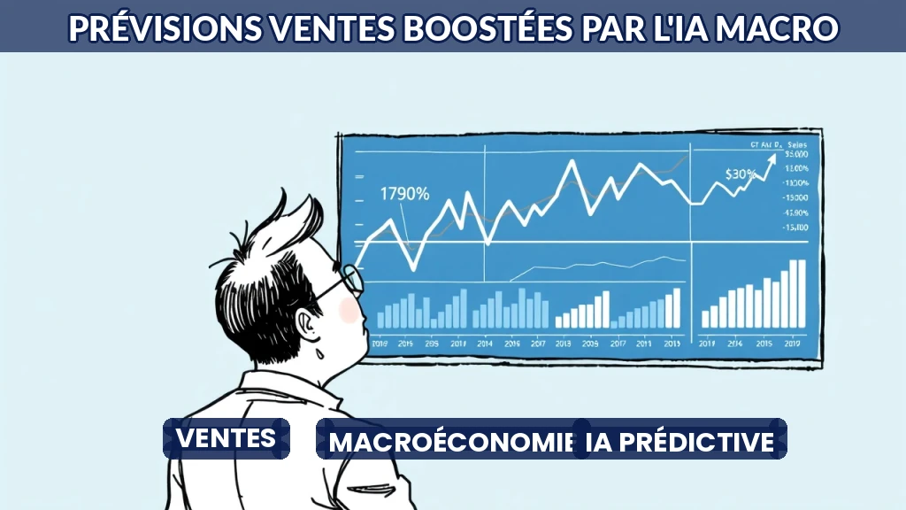Illustration de données macroéconomiques fusionnant avec des graphiques de ventes.