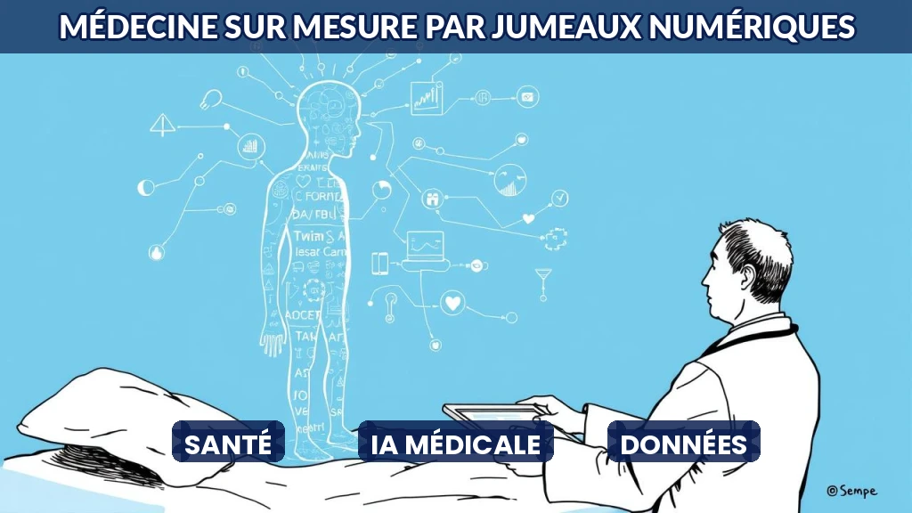 Illustration d'un jumeau numérique médical analysant des données de santé.